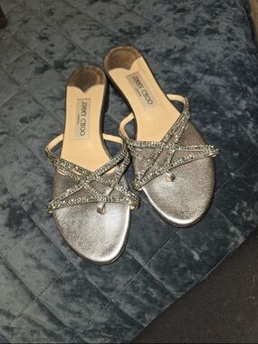 Jimmy Choo Gold Crystal-Strap Slide Mules